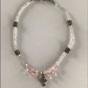 Beaded cross necklace. Silver clear pink white